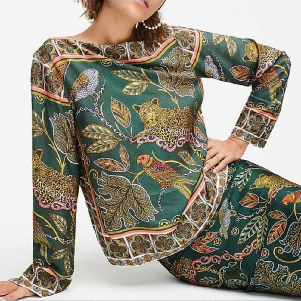 J. Crew Green Patterned Blouse